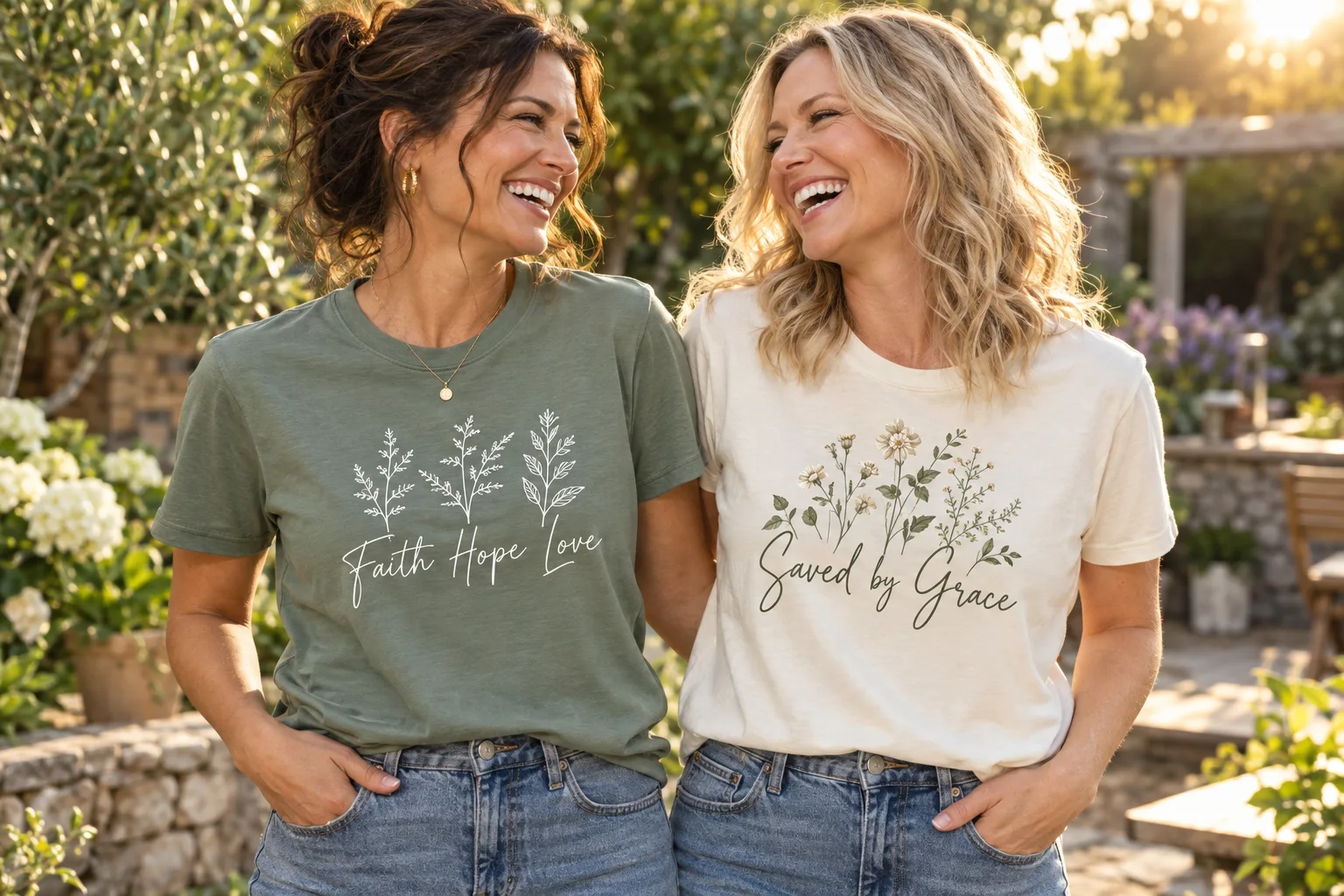Two friends sharing a joyful moment in faith-inspired tees