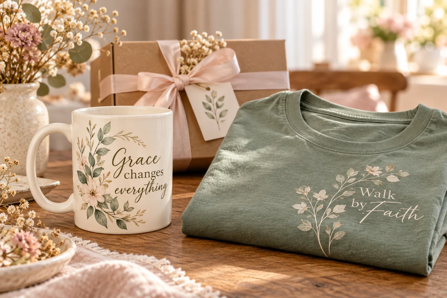 Faith-inspired mug, sage tee and wrapped gift