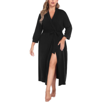 Plus Size Women’s Long Knit Kimono Robe V-Neck Lightweight Soft Bathrobe with Adjustable Strap & Pockets