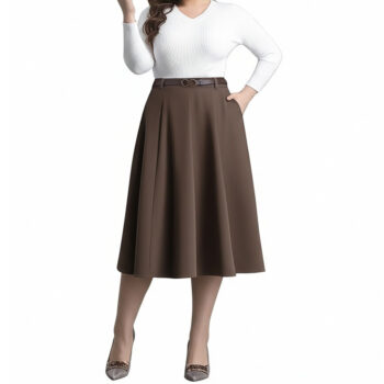Plus Size Wool Pleated Midi Skirt – Warm & Elegant Swing Style