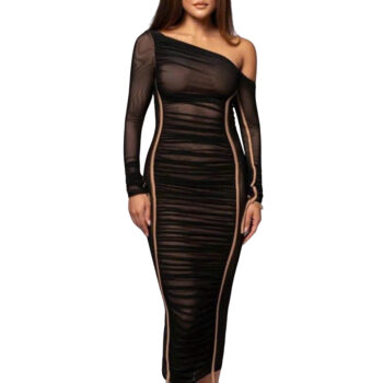 Plus Size Women's Pleated Midi Dress with Mesh Splicing and Off-Shoulder Design