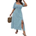 Plus Size Boho Split Thigh Dress with Puff Sleeves – Floral Tie-Front Summer Dress for Women