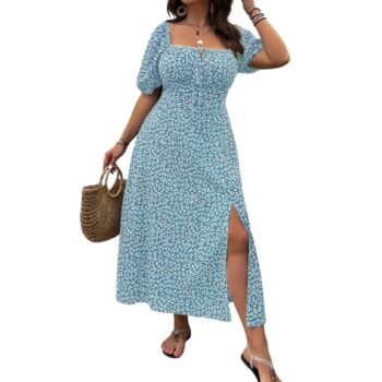 Plus Size Boho Split Thigh Dress with Puff Sleeves – Floral Tie-Front Summer Dress for Women