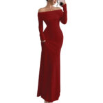 Plus Size Women's Off-Shoulder Sleeveless Pleated Bodycon Hip-Wrapped Long Evening Dress