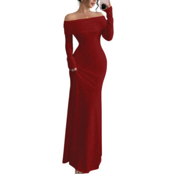 Plus Size Women's Off-Shoulder Sleeveless Pleated Bodycon Hip-Wrapped Long Evening Dress