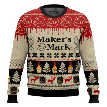Maker?s Mark Bourbon Whisky Pine Tree & Reindeer Ugly Christmas Sweater