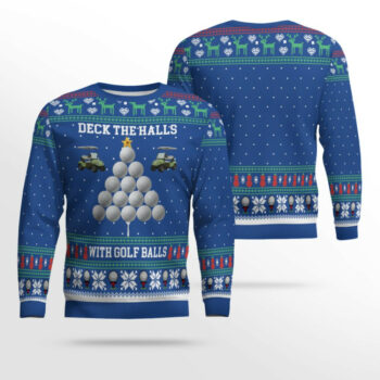 2025 Christmas Deck the Halls with Golf Balls Ugly Sweater Blue