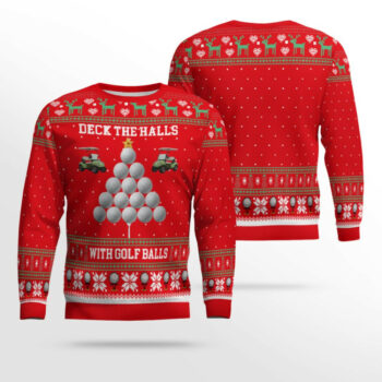 2025 Christmas Deck the Halls with Golf Balls Ugly Sweater Red