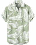 Sage Green Hawaiian Shirt – White Palm Leaf Floral Print,