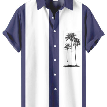 Palm Tree Hawaiian Shirt – Navy Blue and White Striped