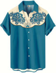 Western Shirt – Teal Blue Floral Embroidered