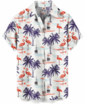 Tropical Flamingo Palm Tree Print  White Hawaiian Shirt