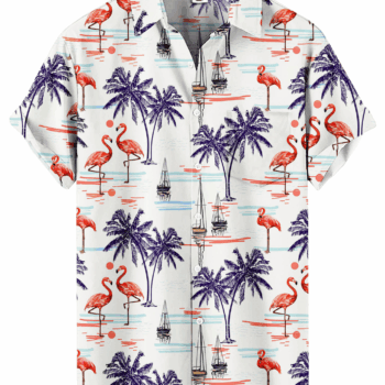 Tropical Flamingo Palm Tree Print  White Hawaiian Shirt