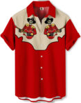 Western Skeleton Cowboy Guitar Player Design Red Beige  Hawaiian Shirt