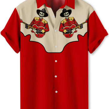 Western Skeleton Cowboy Guitar Player Design Red Beige  Hawaiian Shirt