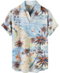 Beach Print Palm Trees Sailboats  Light Blue Hawaiian Shirt