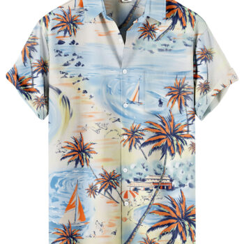 Beach Print Palm Trees Sailboats  Light Blue Hawaiian Shirt