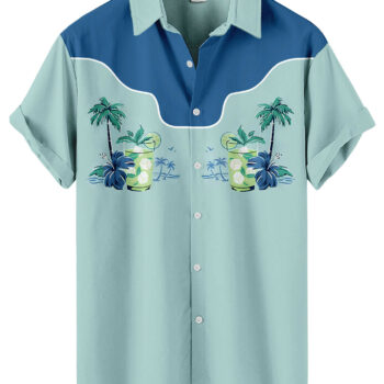 Tropical Print Palm Trees Mint Green Casual Beach Wear  Hawaiian Shirt