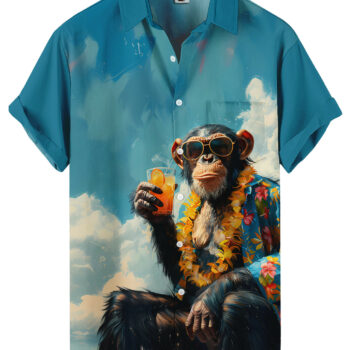 Cool Monkey Print Hawaiian Shirt – Tropical Turquoise Blue