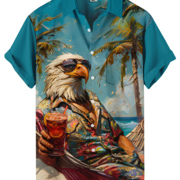 Eagle Print Hawaiian Shirt – Turquoise Tropical Palm Tree Beach