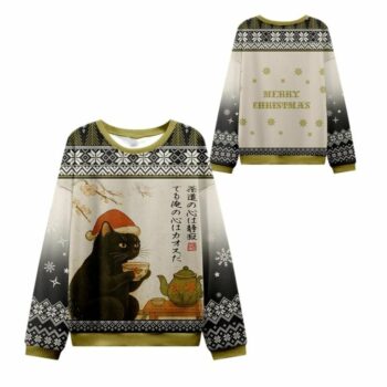 2025 Christmas Cat Drinking Tea Ugly Christmas Sweater