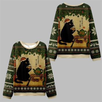 2025 Christmas Cat Drinking Tea Ugly Sweater