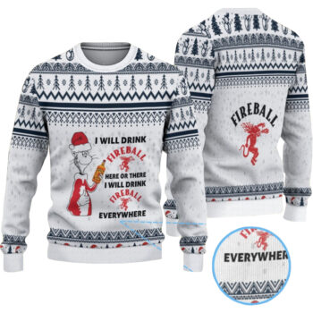 I Will Drink Fireball Everywhere Ugly Christmas Sweater-White & Navy