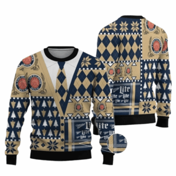 Miller Lite Christmas Diamond Plaid Ugly Sweater