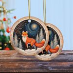 Holiday Christmas Fox in Winter Snow Starry Night Christmas Tree Decoration Ceramic Ornaments