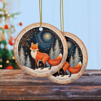 Holiday Christmas Fox in Winter Snow Starry Night Christmas Tree Decoration Ceramic Ornaments