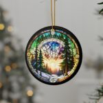 Mountain Tree Forest Stained Glass look Ceramic Ornaments, 2-Side Print, nature lover gift under 15, naturecore christmas, forestcore, snow