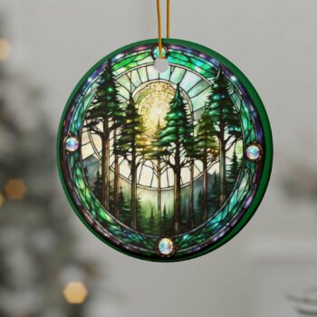 Forest Stained Glass look Ceramic Ornament, 2-Side Print, gorpcore, nature lover ornament, naturecore christmas, outdoor lover gift under 15