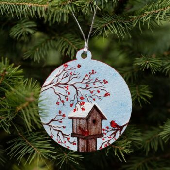 Hand-Painted Wood Slice Christmas Ornament: Snow Bird & Birdhouse