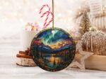 Northern Lights Ornament, Aurora Borealis, Mountain Lake Art, Nature Inspired Ornament, Stained Glass Style, Landscape Scene Ornament