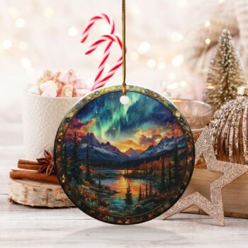 Northern Lights Ornament, Aurora Borealis, Mountain Lake Art, Nature Inspired Ornament, Stained Glass Style, Landscape Scene Ornament