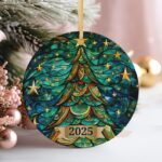 Christmas Tree Ornament 2025, Stained Glass Holiday Decoration, Elegant Keepsake Gift for Family, Coworkers, Friends