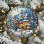 Winter Castle ACRYLIC Faux Stained Glass Ornament Suncatcher, Christmas Window Hanging With Snowy Path And Pine Trees, Holiday Home Gift