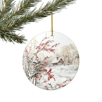 Cardinal Christmas Ornament Winter Cottage with Red Berries and Snow Scene, Rustic Holiday Tree Decoration, Nature Keepsake Gift