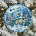 Winter Castle Acrylic Suncatcher – Faux Stained Glass Ornament with Snowy Path & Pine Trees, Christmas Window Hanging Holiday Gift