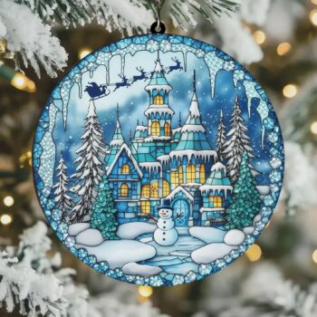 Winter Castle Acrylic Suncatcher – Faux Stained Glass Ornament with Snowy Path & Pine Trees, Christmas Window Hanging Holiday Gift