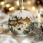Christmas Village Ceramic Ornament, Snowy Winter Scene