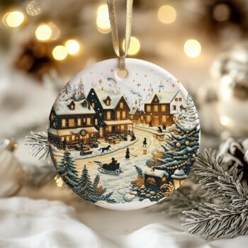 Christmas Village Ceramic Ornament, Snowy Winter Scene