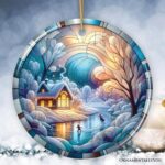 Magical Winter Lake Cabin Ceramic Christmas Ornament, Stained Glass Theme Tree Décor