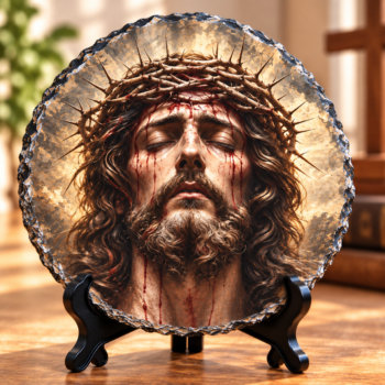 Jesus with Closed Eyes and Crown of Thorns Christian Stone Plaque