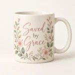 Cream Saved by Grace Christian coffee mug with blush floral artwork