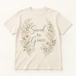 Cream Saved by Grace Christian T-shirt with blush flowers and sage botanical stems